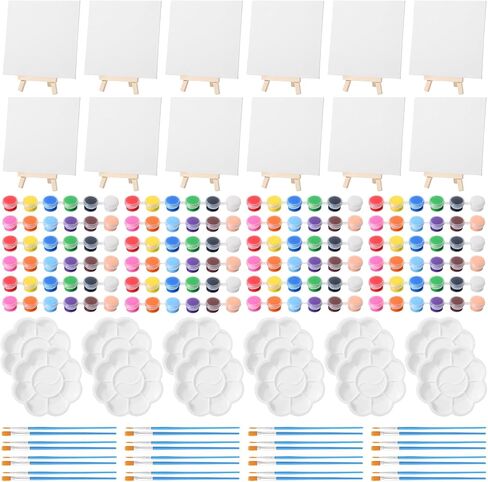 Qilery 12 Set Acrylic Paint Kit Mini Stretched Canvas with Easel, Acrylic Paints Strips, Brushes, Palette, Art Set for Kids Adults Classroom Birthday Party Favors(5.9 x 5.9 Inch) in Kuwait