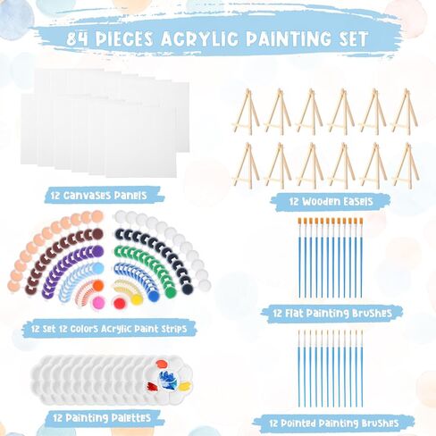 Qilery 12 Set Acrylic Paint Kit Mini Stretched Canvas with Easel, Acrylic Paints Strips, Brushes, Palette, Art Set for Kids Adults Classroom Birthday Party Favors(5.9 x 5.9 Inch) in Kuwait