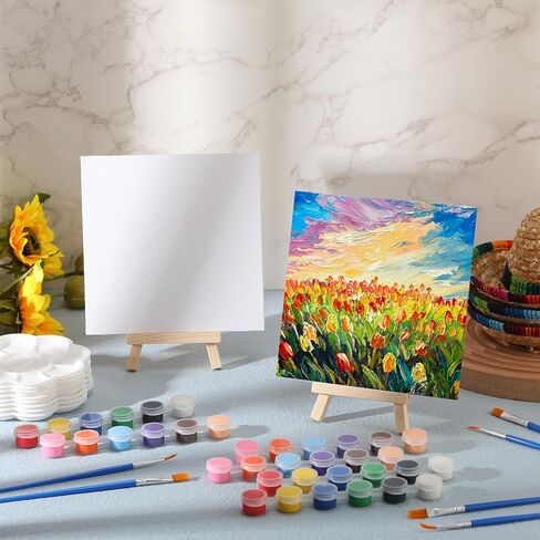 Qilery 12 Set Acrylic Paint Kit Mini Stretched Canvas with Easel, Acrylic Paints Strips, Brushes, Palette, Art Set for Kids Adults Classroom Birthday Party Favors(5.9 x 5.9 Inch) in Kuwait
