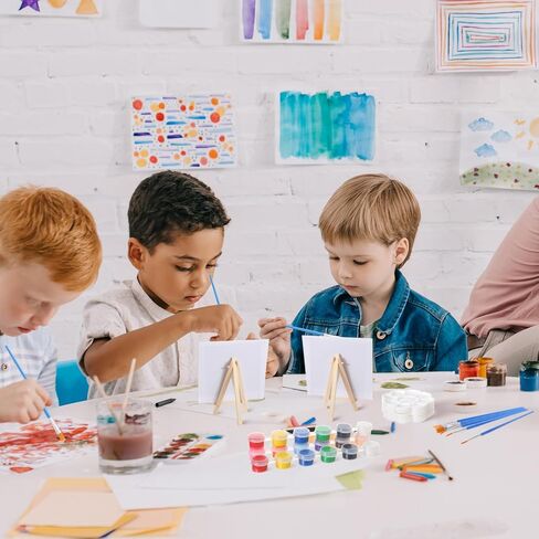 Qilery 12 Set Acrylic Paint Kit Mini Stretched Canvas with Easel, Acrylic Paints Strips, Brushes, Palette, Art Set for Kids Adults Classroom Birthday Party Favors(5.9 x 5.9 Inch) in Kuwait