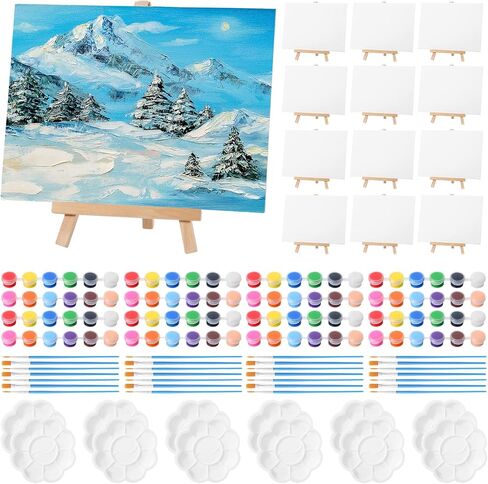 Qilery 12 Set Acrylic Paint Kit Mini Stretched Canvas with Easel, Acrylic Paints Strips, Brushes, Palette, Art Set for Kids Adults Classroom Birthday Party Favors(5.9 x 5.9 Inch) in Kuwait