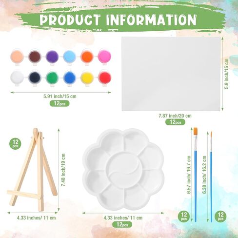 Qilery 12 Set Acrylic Paint Kit Mini Stretched Canvas with Easel, Acrylic Paints Strips, Brushes, Palette, Art Set for Kids Adults Classroom Birthday Party Favors(5.9 x 5.9 Inch) in Kuwait