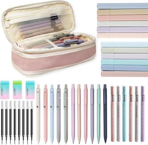 41 PCS Aesthetic School Supplies with Cute Pen Case, 5 Black Ink Gel Pens, 12 Pastel Highlighters, 6 Mechanical Pencils Set 0.5 & 0.7 mm for School Supplies Essentials (Pink) in Saudi Arabia