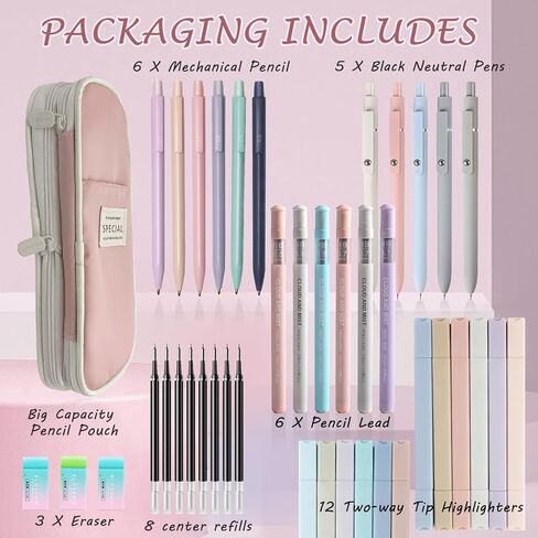 41 PCS Aesthetic School Supplies with Cute Pen Case, 5 Black Ink Gel Pens, 12 Pastel Highlighters, 6 Mechanical Pencils Set 0.5 & 0.7 mm for School Supplies Essentials (Pink) in Saudi Arabia