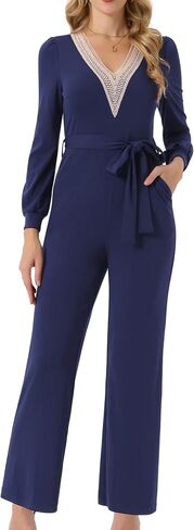 Seta T Women's Long Sleeve V Neck Jumpsuit Belted Stretchy Wide Leg Long Pant Romper with Pockets in Kuwait