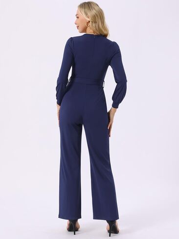Seta T Women's Long Sleeve V Neck Jumpsuit Belted Stretchy Wide Leg Long Pant Romper with Pockets in Kuwait