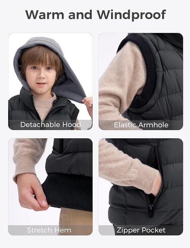 سترة شتوية منتفخة للأولاد من Wantdo مزودة بغطاء للرأس ومقاومة للماء ومبطنة بالصوف بدون أكمام دافئة in Kuwait