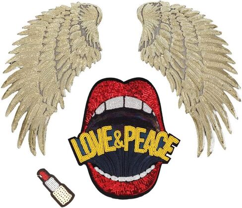 Large Red Mouth Gold Sequin Wing Iron on Patches Appliques Stickers Sew On Embroidered Lip Motif for DIY Clothes Jackets Jeans T-Shirt Pillow Case Sweatshirt Backpack Handbags, 3Pcs/lot in Saudi Arabia