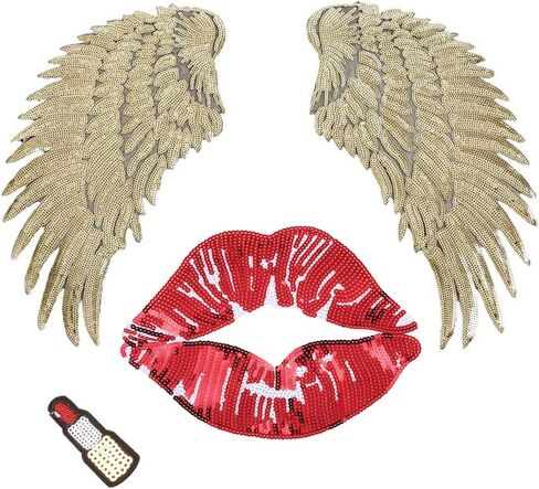 Large Red Mouth Gold Sequin Wing Iron on Patches Appliques Stickers Sew On Embroidered Lip Motif for DIY Clothes Jackets Jeans T-Shirt Pillow Case Sweatshirt Backpack Handbags, 3Pcs/lot in Saudi Arabia