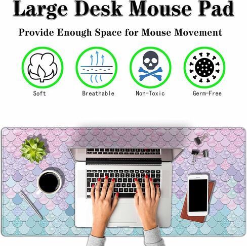 Mermaid Scales Gaming Mouse Pad Geometric Gradient Purple Pink Blue Aqua Teal Glare Large Mousepad Desk Keyboard Mat for PC,Home,Office 35.4"X15.7" in Kuwait