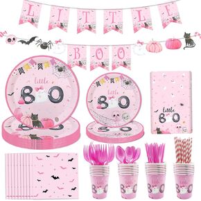 MEHOFOND Little Boo Baby Shower Decorations for Girl, Halloween Tableware set 194Pcs, Halloween Plates and Napkins for Baby Shower, Little Boo Birthday Banner, Halloween Party Supplies , Serves 24