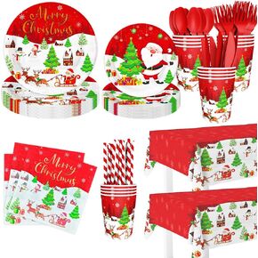 194Pcs Christmas Party Decorations Tableware, Gingerbread House Cookie Christmas Plates, Cup, Napkins, Tablecloth, Christmas Party Supplies Disposable Cutlery Serve 24 Guests