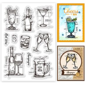 Vintage Clear Stamps for Crafting Drinks Clear Stamps for Card Making Birthday Party Champagne Bottle Clear Stamps Cocktail Silicone Stamp Cheer Words Stamps 4.3 * 6.3 in