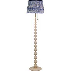 Farmhouse Floor Lamp, 14 x 14 x 59 Beige Wood Base Floor Lamp, Tapered Pleated Shade in Floral Pattern and Pull Chain Switch