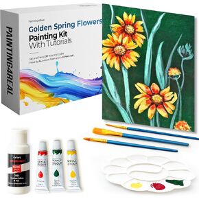 Painting4 REAL DIY مجموعات للبالغين مع دروس فيديو: تعلم أن ترسم زهور الربيع الذهبية - كيفية الطلاء باستخدام مجموعة الطلاء الاكريليك - طقم اللوحة والفنون - 9 قطع مجموعة من الاكريليك