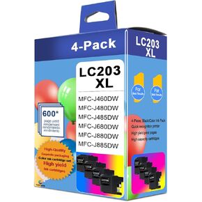 LC203 (LC-203) Ink Cartridges High Yield(Black/Cyan/Magenta/Yellow, 4-Pack) - LC203 XL Ink Cartridges Replacement for Brother Ink Cartridge LC201 MFC-J460DW MFC-J480DW MFC-J485DW MFC-J880DW Printer