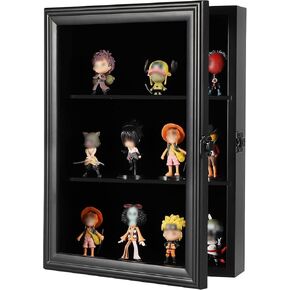 VERANI Action Figure Display Case - Wall Mount Wood Cabinet for Minifigures Action Figures - Lockable Black Lock with Real Glass Door, for Mini Toys,Collections and Stone Rock Black