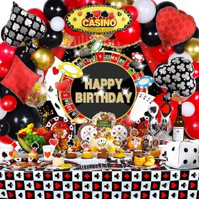 198 PCS Casino Theme Party Decorations, Casino Birthday Decorations, Las Vegas Party Decorations Includes Casino Balloons, Poker Backdrop, Tablecloth, Plates, Napkins, Cake Toppers, Cups