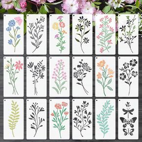 18 Pcs Flower Stencils Reusable, 6x3 Wildflower Templates for Drawing Spraying Painting on Wood, Floral Leaf Spring Stencil for Crafts Ornaments Window Door Wall Canvas DIY Home Decoration