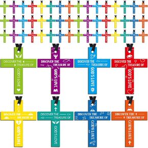 Tondiamo 256 Pcs Cross Necklace Bulk, Religious Party Favors Christian Toys Sunday School Prizes Church Easter Egg Fillers Gift for Prayer, Party Event, 8 Colors(Stylish Style, Wood)