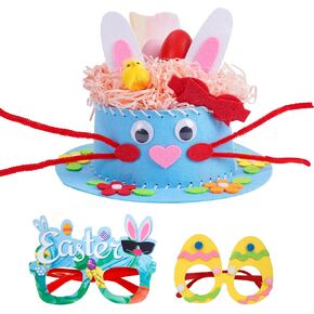 Yushanju Easter Crafts Kits Eyeglasses DIY Hat Kit Easter Chick Bunny Egg for Hats Party Supplies Game Decorations Cartoon Cap Gifts Photo Props(Blue)