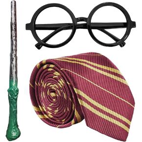 Cosplay Set, Magic Wand, Lens-Free Glasses, Striped Tie, Novelty Props for Halloween|Wizard Costume|Dress Up