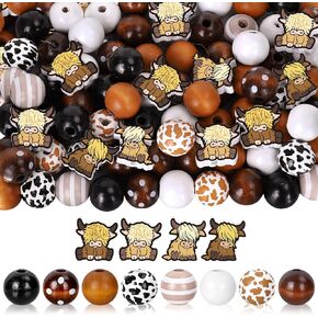 100Pcs Highland Cow Animal Wood Beads Farmhouse Cow Shaped Wooden Focal Beads Brown Black White Craft Beads for Jewelry Garland Making DIY Home Decor