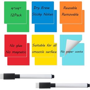 Reusable Dry Erase Sticky Notes, Dry Erase Stickers Labels, 12 PCS 3"x3" Removable Whiteboard Stickers for Storage Bins, Waterproof Name Tags for All Smooth Surface, No Glue, No Magnetic