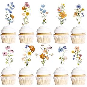 60PCS Wildflower Cupcake Toppers, Flower Cake Topper Baby In Bloom Baby Shower Decorations for Girl Floral Birthday Wedding Garden Spring Tea Party