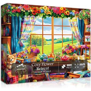 Flower Garden Puzzle for Adults 1000 Pieces, PICKFORU Nature Puzzle Features Flowers Teacups, Quilt, Dog Cat Puzzle, Spring Plant Floral Puzzle Challenging