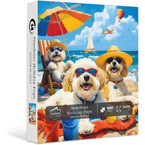 Funny Dog 1000 Piece Puzzle for Adults, PICKFORU Holiday Seaside Jigsaw Puzzles 1000 Pieces, Cute Puppy Animals Puzzles, Unique Impossible Summer Beach Puzzle as Wall Decor
