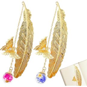 2PCS Metal Feather Bookmark with 3D Butterfly Pendant, Elegant Metal Butterfly Bookmarks for Women Unique, Reading Accessory for Book Lover Reader