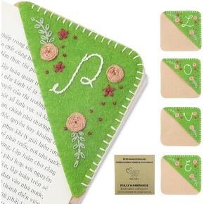 Personalized Hand Embroidered Corner Bookmark, Felt Triangle Book Corner Marker, Unique Handmade Floral Initial Bookmark, Custom Stitched Bookmark with Initials for Women, Bookmarks for (Green, T)
