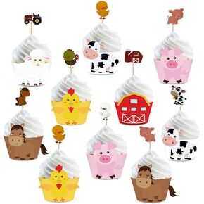 48Pcs Farm Animal Cupcake Wrappers and Toppers for Kids Farm Theme Party Cupcake Wrappers Toppers Farm Animal Birthday Party Decoration Baby Shower Supplies