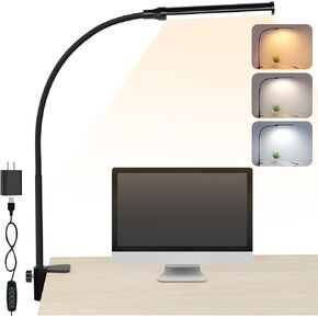 ShineTech LED Desk lamp with Clamp, Eye-Caring Clip Lights for Home Office, 3 Colors Full Brightness, Flexible Gooseneck USB Adapter Table Lamp, Black