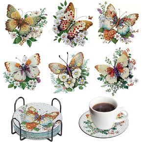 EOBROMD 6 Pcs Butterfly Diamond Art Coasters Kits with Holder, Diamond Art Painting Coasters Kit, DIY Paint by Number Kits for Beginners Adults Craft Supplies