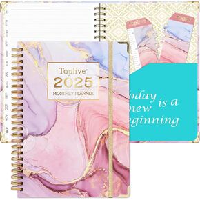 2025 Planner Monthly Weekly Planner - Jan. 2025 - Dec. with Monthly Tabs + Contacts + Calendars + Holidays + Pocket, 6.2" x 8.5" Twin-Wire Binding Agenda Book Academic Planner - Marble Pink