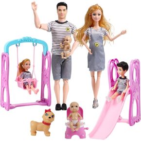 6 People Family Dolls Set with Pregnant Mom Dad 3 Kids Baby Boy in Mommy's Tummy, Toddler Kids Toy Gift Dolls of Happy Family Doll Members Parents & Children with Slide Dog