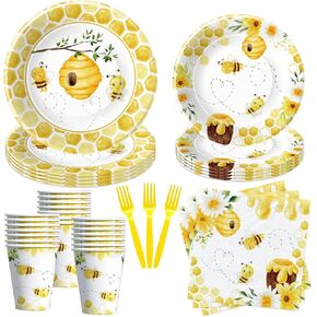Bee Baby Shower Decorations Paper Plates And Napkins Party Supplies - Bee Birthday Party Decorations Tableware, Plate, Cup, Napkin, Fork, Bumble Theme Bee Day Decorations Dinnerware | Serves 24