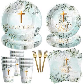 God Bless Baptism Decorations Supplies, First Communion Decorations For Boy, Plate, Cup, Napkin, Fork, Mi Bautizo Eucalyptus Leaves Sage For Christening Baby Shower Religious Party | Serve 24