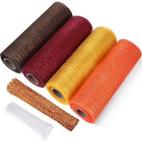 Funtery 4 Roll 40 Yard Fall Deco Mesh Ribbon Mesh Roll with Chenille Stems and Clear Zip Ties for Wreath Making Crafts Supplies Fall Autumn Thanksgiving Halloween Holiday Decoration(6 Inch)