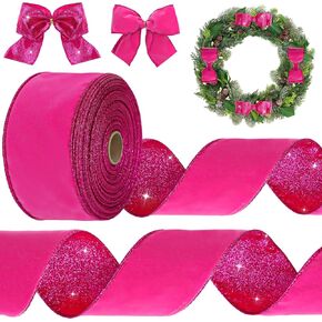 Winter Hot Pink Velvet Wired Edge Ribbon 2.5 Inch 20 Yards Double Sided Christmas Glitter Craft Ribbon for Xmas Tree Bow Wreath Gift Wrap Holiday Home Decor