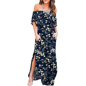 LILBETTER Womens Off The Shoulder Ruffle Party Dresses Side Split Beach Maxi Dress