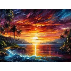 JFYHAB 5D Tree Beach Sunset Scenic Diamond Painting, Diamond Painting Kit for Adults Diamond Art Kits for Beginners DIY Full Drill Crystal Rhinestone Arts and Crafts Home Wall Decor 12x 16 inch