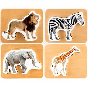 Wooden Montessori Animal Puzzles for Toddlers 2+ Years - Realistic Chunky Safari Animal Shape Puzzle - Educational Learning Toy