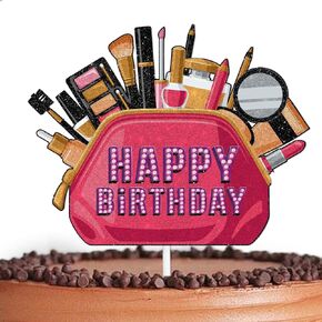 Pink Glitter Makeup Bag Cake Topper Cheer to Cosmetics Makeup Spa Theme Decor Supplies Baby Shower Women Girls Happy Birthday Wedding Anniversary Party Decorations