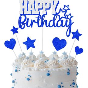 Happy Birthday Cake Toppers, Blue Silver Birthday Cake Topper for Men Women Boys Girls, Birthday Party Glitter Cake Decorations Supplies for Him Her