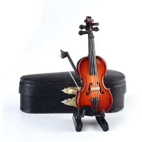 Wooden Miniature Violin with Stand, Bow and Case Mini Violin Musical Instrument Replica Collectible Figurines Collection Decorative Ornament Dollhouse Accessories Model (3.15"x1.18"x0.59")