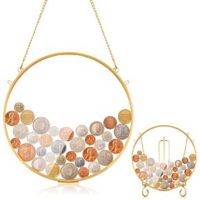 Yerliker Gold Glass Frame for Coin Display Wall Hanging Coin Collecting Holders, Dollar Bill Frame Display, Currency Dollar Bill Collecting Supplies, Glass Pressed Flower Frame(Round)