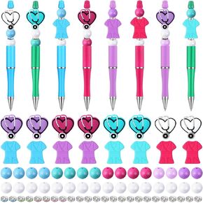 Colarr 16 Pcs Nurse Beaded Pens Nurse's Day Plastic Ballpoint Pens with 72 Pcs Multicolor Beads Assorted Spacer Beads Nurse Appreciation Graduation Gift Gown Stethoscope DIY Craft Kits Gel Ink Pen